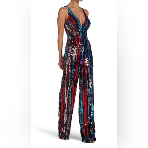 Dress the Population Charlie Black Multi Sequin plunging v neck Jumpsuit XL - Picture 5 of 6